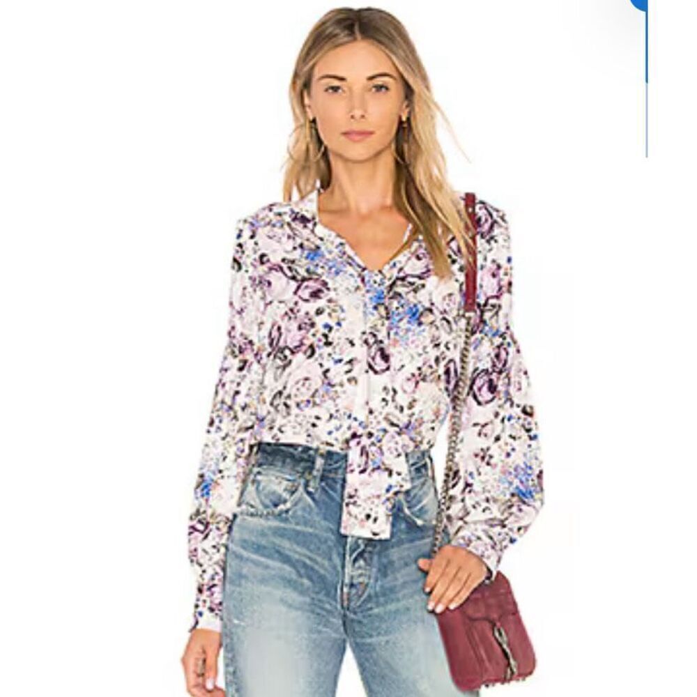Parker Elosia Blouse in White Tahlia Lavender Floral Tie Neck Long Sleeve Top S